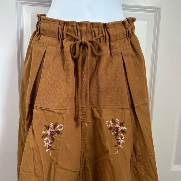 Free People Arielle Maxi Skirt Brown Handkerchief Hem Embroidered